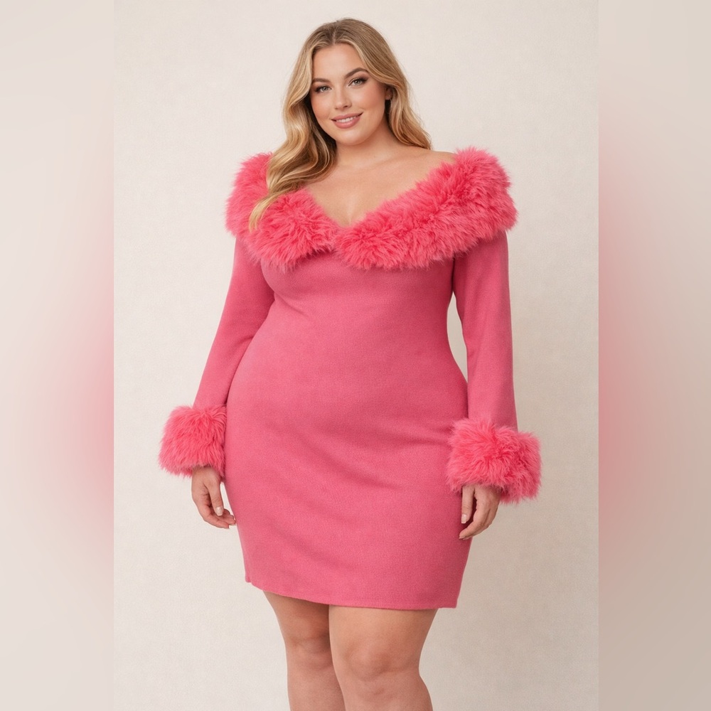 Fashion Nova Vibrant Pink Long Sleeve Dress with Faux Fur Trim